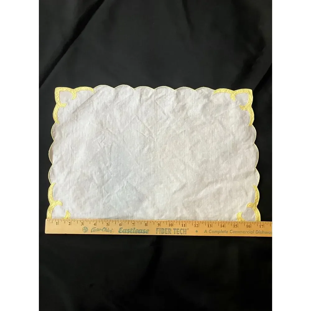 Vintage Linen Placemats Set of 6 White Yellow Embroidered Scalloped Table Mats